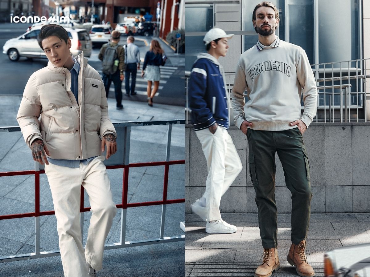 Áo khoác phao hoặc áo sweater với quần kaki