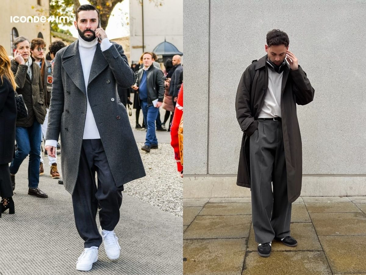 Áo khoác trench coat, quần ống suông và giày boot