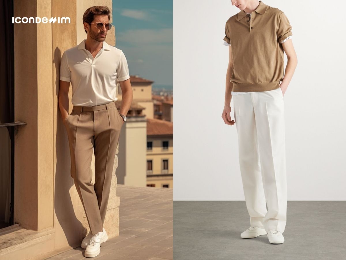 Phối áo polo, quần âu gam màu trung tính với giày sneaker trắng