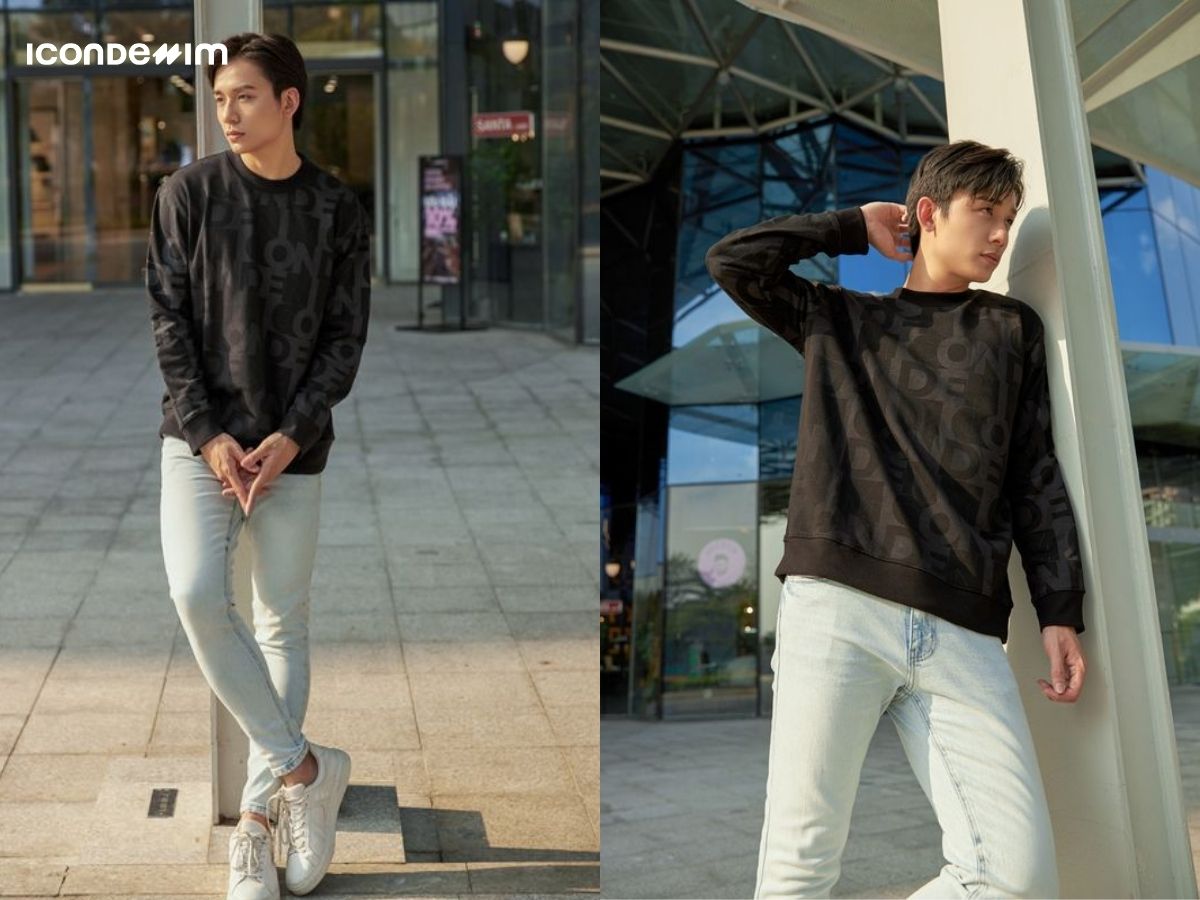 Quần jeans xám sáng phối với áo màu đen