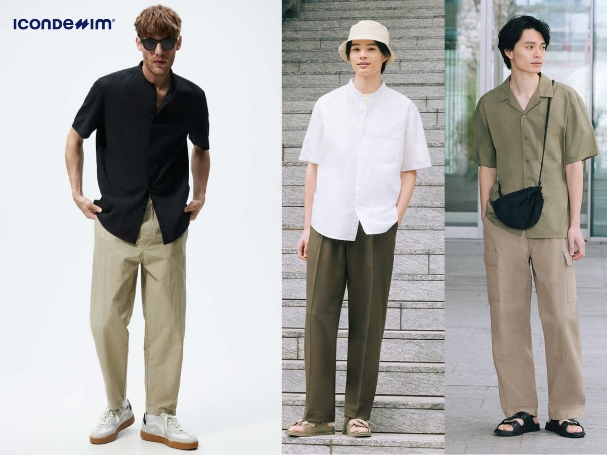 Quần kaki ống suông và áo sơ mi thanh lịch, nam tính