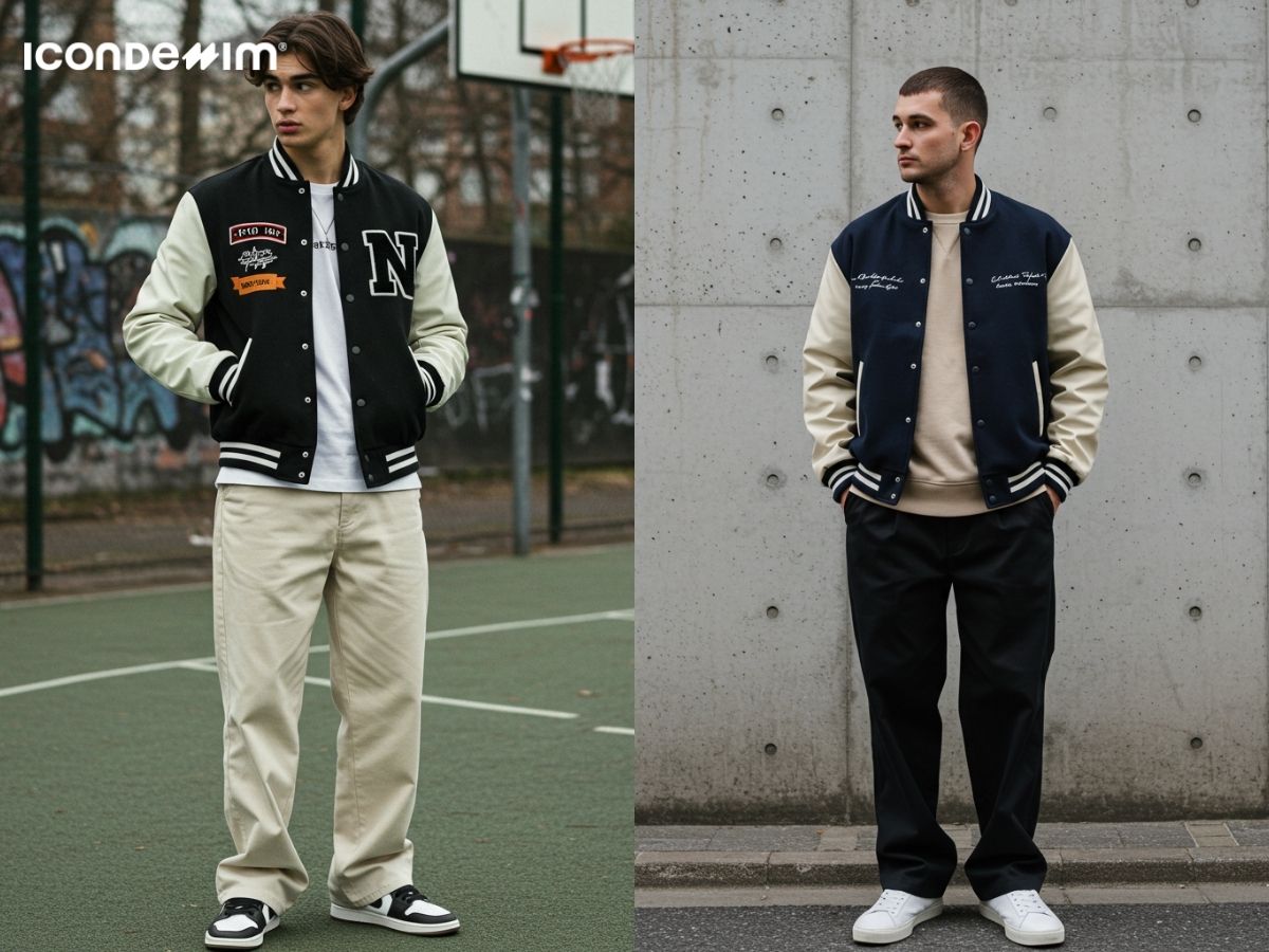 Phối quần ống rộng với áo varsity