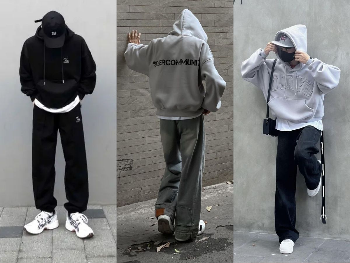Quần ống suông, áo hoodie và giày thể thao
