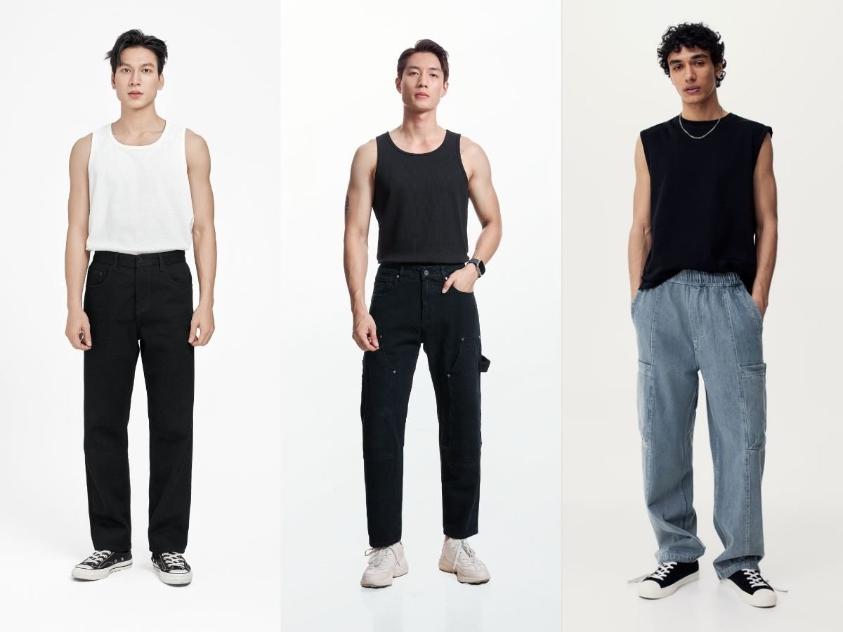 Quần jeans ống suông phối với áo tank top